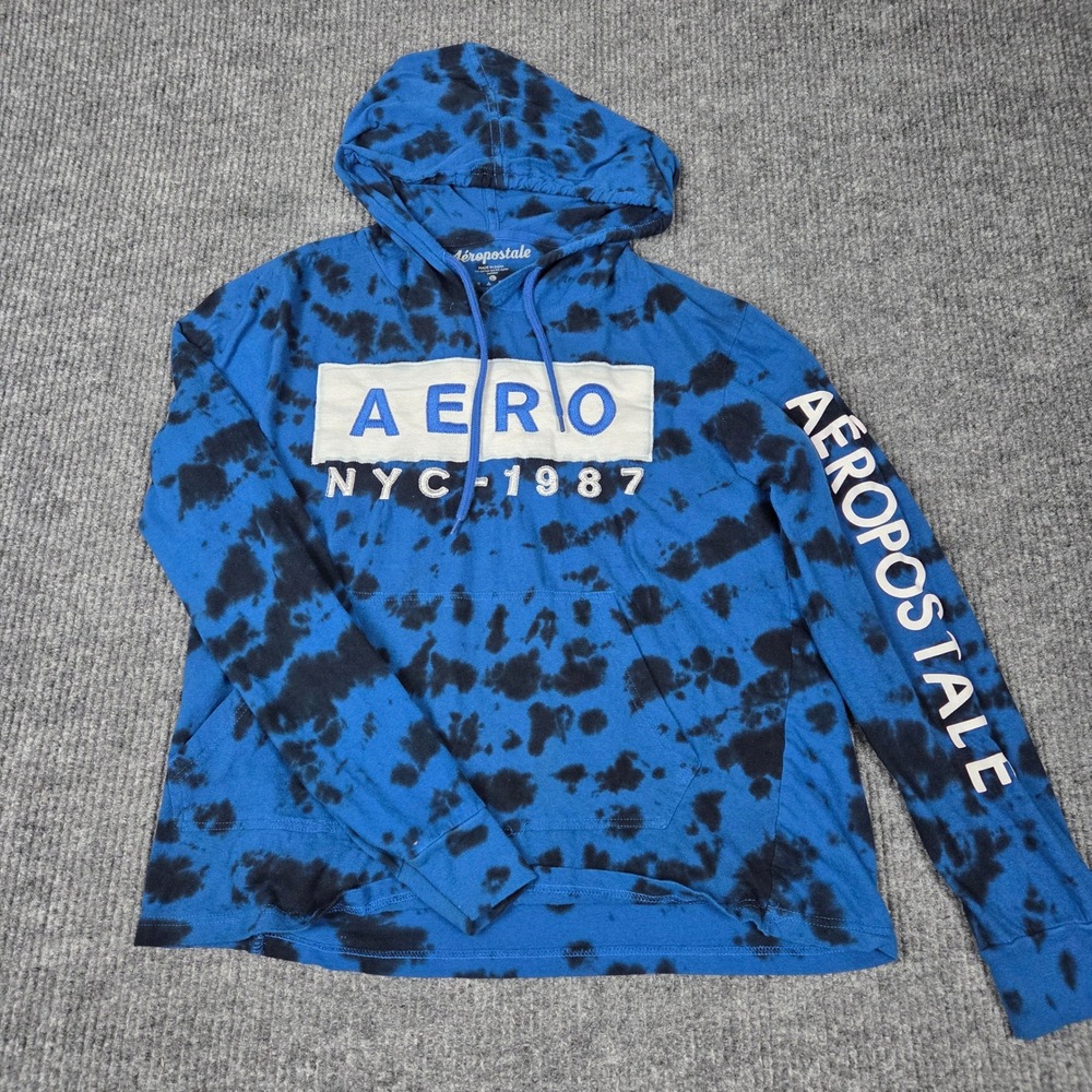 Aeropostale‎ Kids Blue Black Tie Dye Graphic Hoodie Long Sleeve Tee Large L